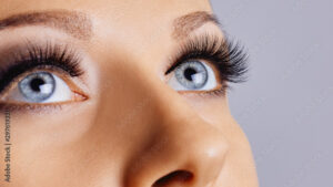 Woman eyes with long eyelashes and smokey eyes make-up. Eyelash extensions, makeup, cosmetics, beauty